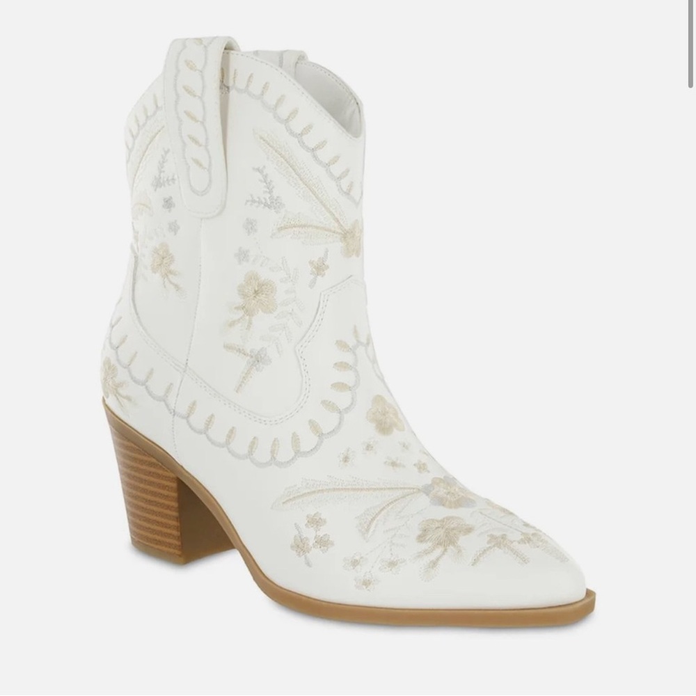 MIA White and Tan Western Ankle Booties with Floral Embroidery